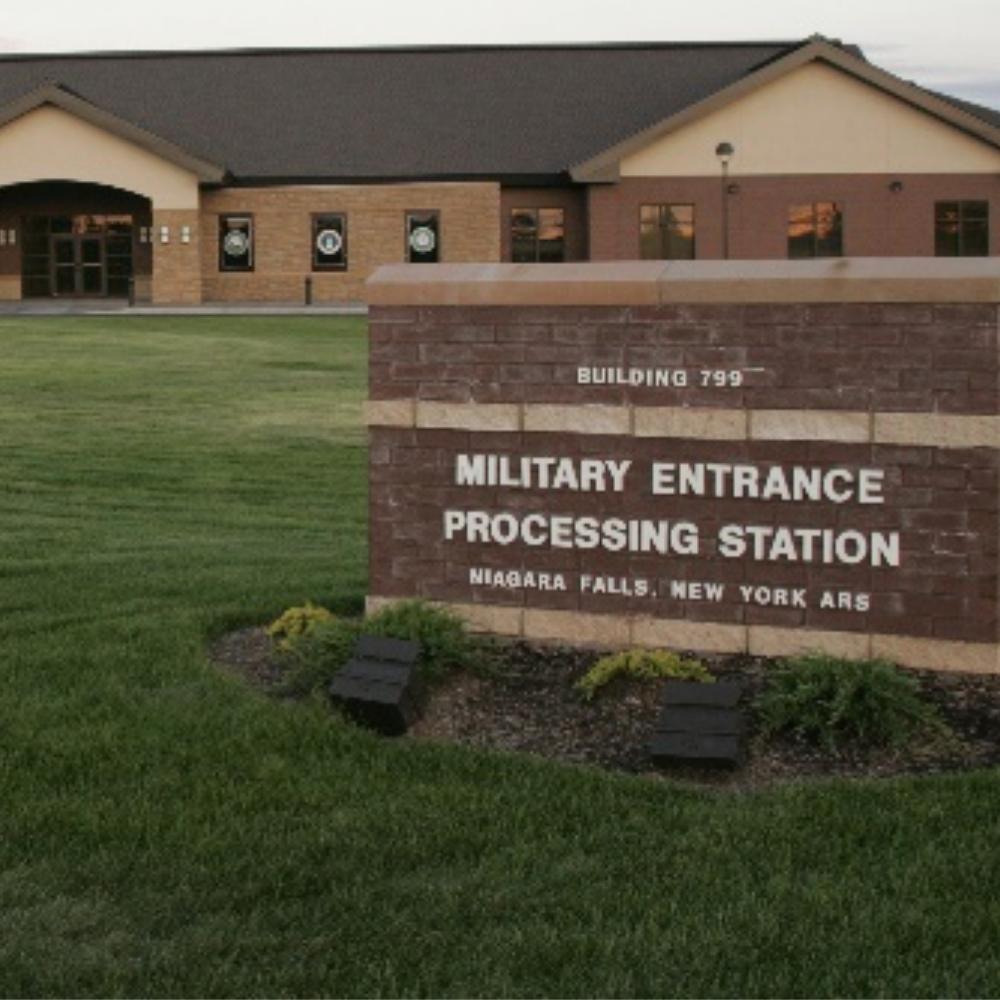 Military Entrance Processing Station sign and exterior